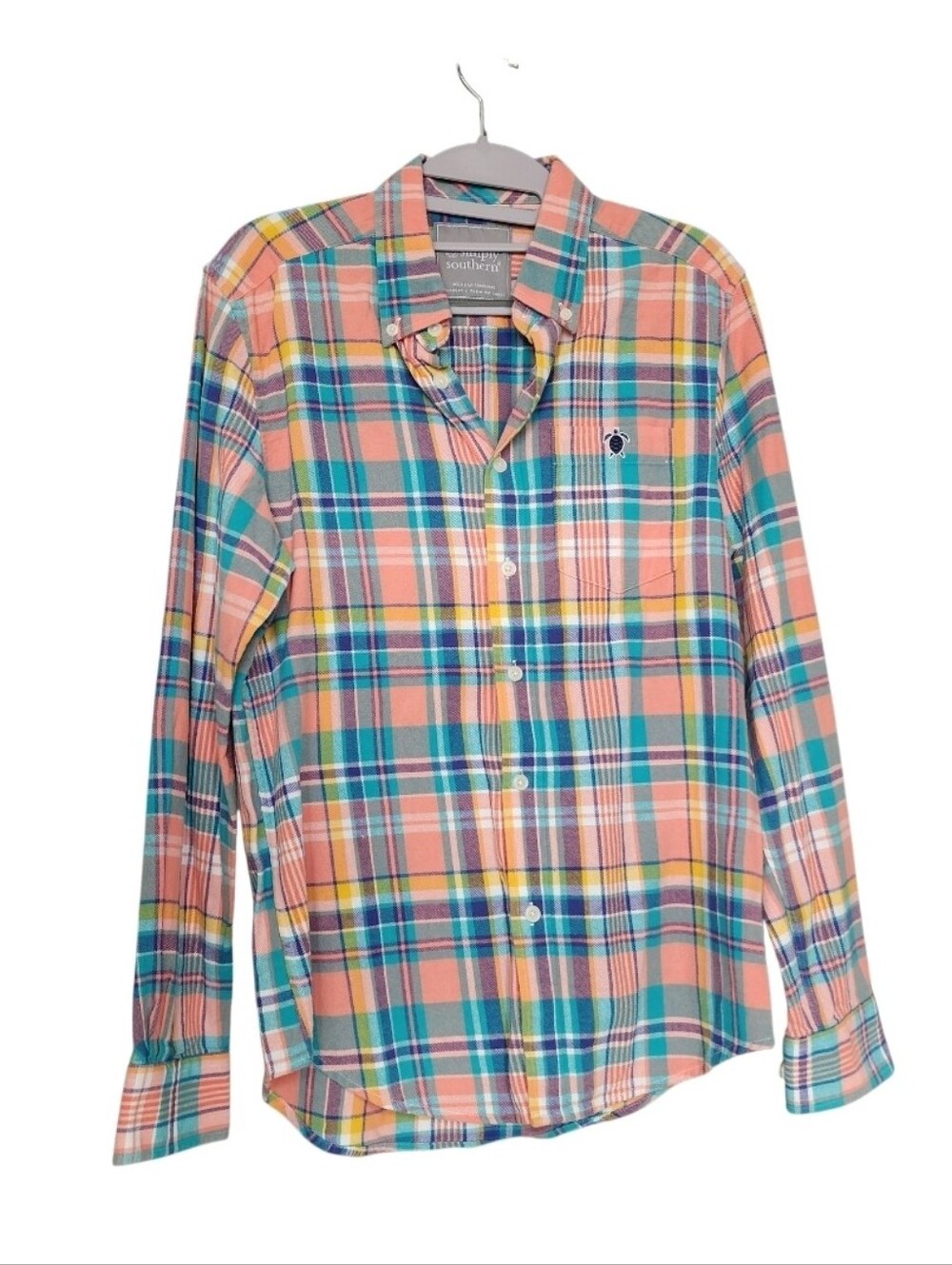 Simply Southern Plaid Button-Down Shirt in Coral, Teal & Yellow